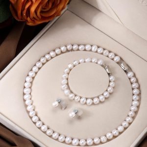 Freshwater Pearl Necklaces Set for Women Includes White Silver Pearl Bracelet and Pearl Diamond Stud Earrings Jewelry Set for Women Men Mother Wife Girlfriend Birthday Wedding Christmas Gifts