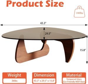 Modern Coffee Table for Living Room and Small Spaces, 43.3″ x 29.5″ x 15.8″ Triangle Tempered Glass Table Top and Eco-Friendly MDF Base, Walnut
