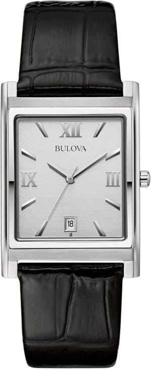 Bulova Men’s Stainless Steel 3-Hand Calendar Date Quartz Watch with Black Leather Strap, Rectangle Dial Style: 96B107