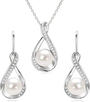 Sterling Silver Pearl Jewelry Set with Shiny Moissanite, Real Freshwater Pearl Earrings Necklace for Women, Wedding Jewelry for Brides Bridesmaid, Mother’s Day
