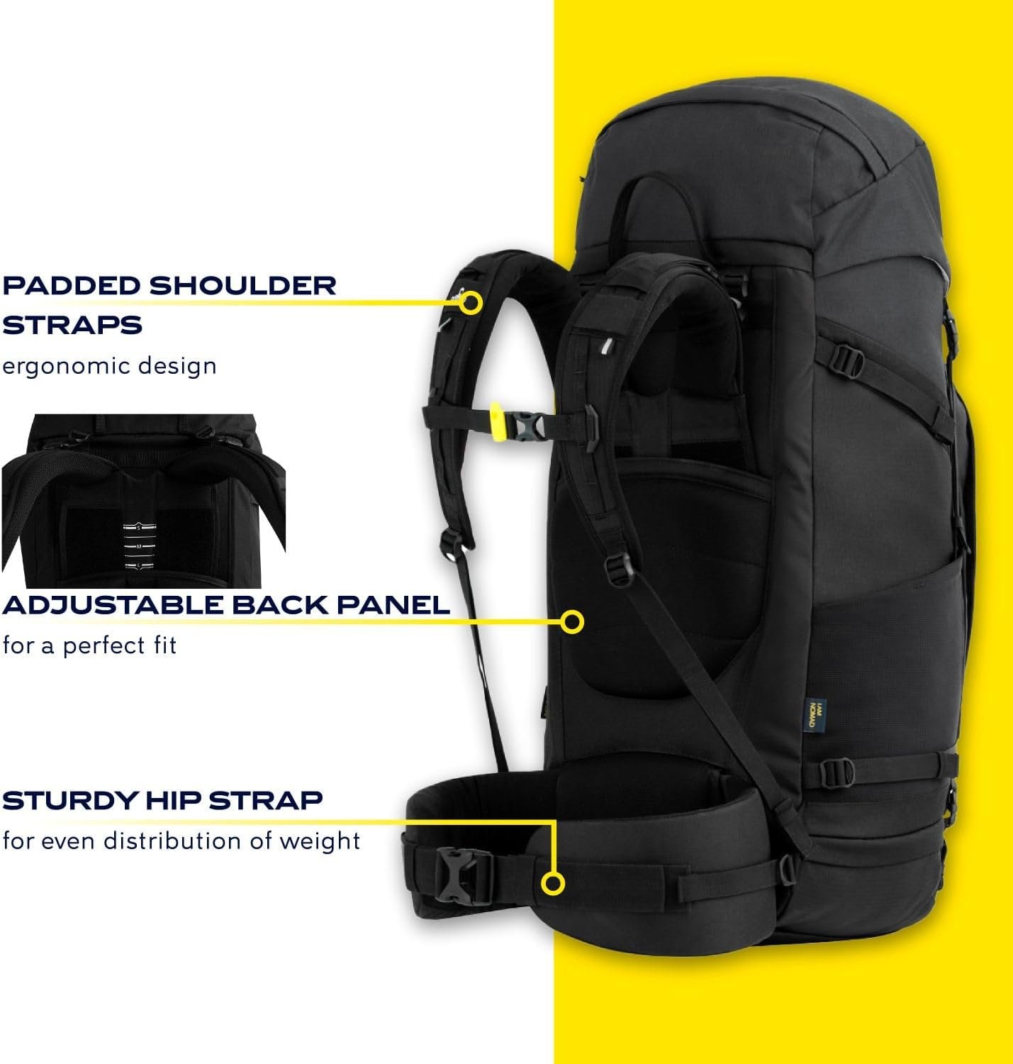 NOMAD Batura Backpack - Premium 70L Pack with Rain Cover Included | Lightweight Rucksack for Traveling, Hiking, Camping, Outdoor Sports (Black) - Image 4