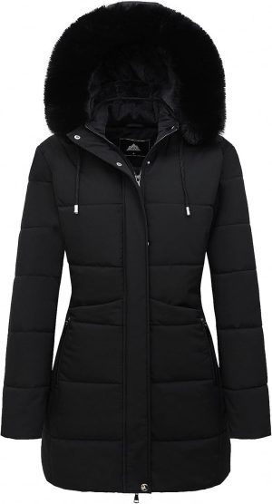 MOERDENG Women’s Winter Puffer Coat Thicken Fleece Lined Down Jacket Waterproof Faux Fur Detachable Hooded Parka