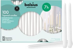 BOLSIUS White Taper Candles 100 Count Bulk Pack – 10 Inch Dinner Candle Set – 7+ Burn Hours – Premium European Quality – Smooth Flame – 100% Cotton Wick – Smokeless & Dripless Household Candlesticks