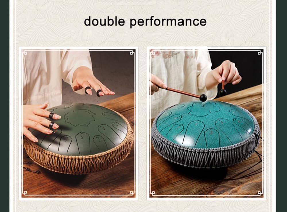 Konrisa 13 Inch 15 Notes Steel Tongue Drum Percussion Instruments C Major, Steel Drum Musical for Meditation Yoga Zen, Hand Pan Instruments with Drum Mallets and Carry Bag (Green) - Image 3