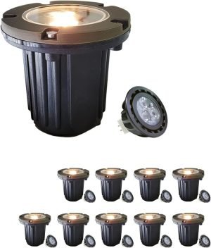 MALORY Brass Top Cover Landscape Well Lights, (4.6”H) 12V Low Voltage Outdoor In Ground Lights,Landscape Lighting for Pathway, Driveway and Garden 10-Pack with Bulb (Flat Top)