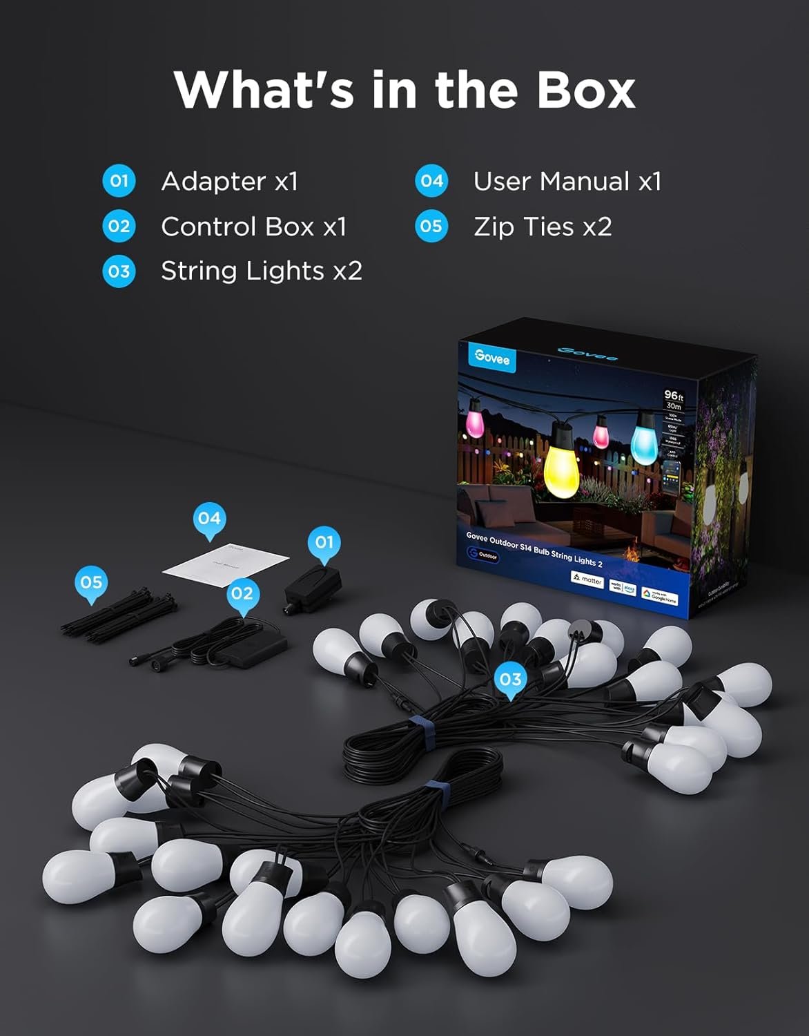Govee S14 Bulb Outdoor String Lights 2, 96ft Smart RGBIC Warm White Patio Lights with 30 LED Bulbs, 111 Scene Modes for Outdoor Decor, Works with Alexa, Google, Matter, APP Control, IP66 Waterproof - Image 9