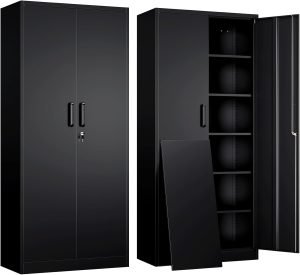 Yizosh Metal Garage Storage Cabinet with 2 Doors and 5 Adjustable Shelves – 71″ Steel Lockable File Cabinet,Locking Tool Cabinets for Office,Home,Garage,Gym,School (Black)
