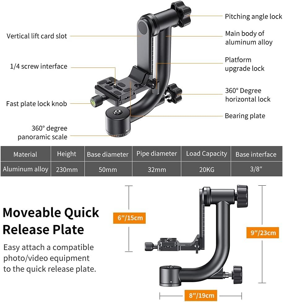 K&F CONCEPT Aluminum Alloy 360 Degree Panoramic Gimbal Tripod Head with 1/4'' Standard Quick Release Plate and Bubble Level,Load Capacity up to 20kg/44lbs - Image 5