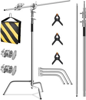 SH C Stand with Boom Arm, Heavy Duty Photography Light Stand, 6.8ft/210cm Stainless Steel C-Stand Kit with Sandbag, 2.8ft/87cm Boom for Studio Softbox and Reflector, Silver