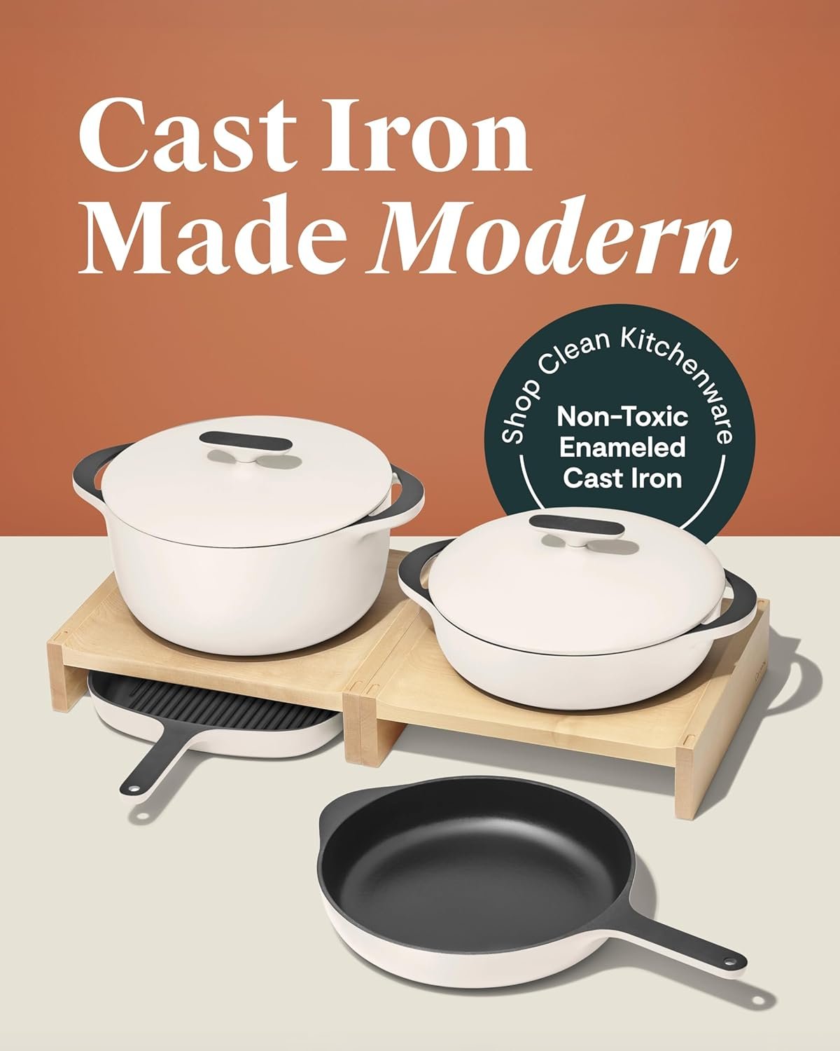 Caraway 8-Piece Enameled Cast Iron Set - 10.5” Skillet, Grill Pan, 3.5 qt Braiser Pan, 6.5 qt Dutch Oven with Lid and Organizers - Non-Toxic 3-Layer Enamel Coating - No Seasoning Required - Cream - Image 2