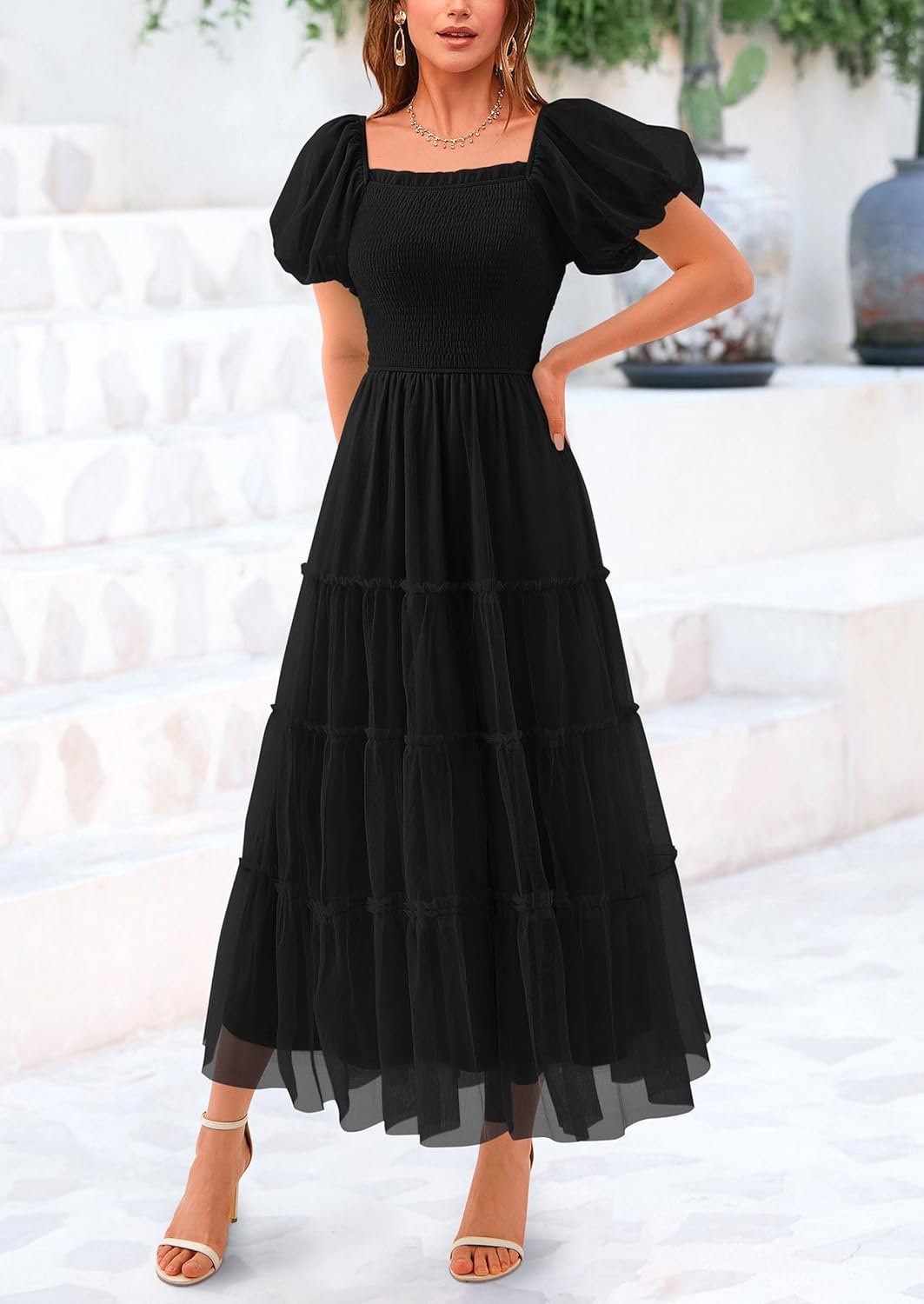 PRETTYGARDEN Women's Smocked Midi Tulle Dress 2025 Summer Puffy Short Sleeve Square Neck Ruffle Wedding Guest Party Dresses - Image 6