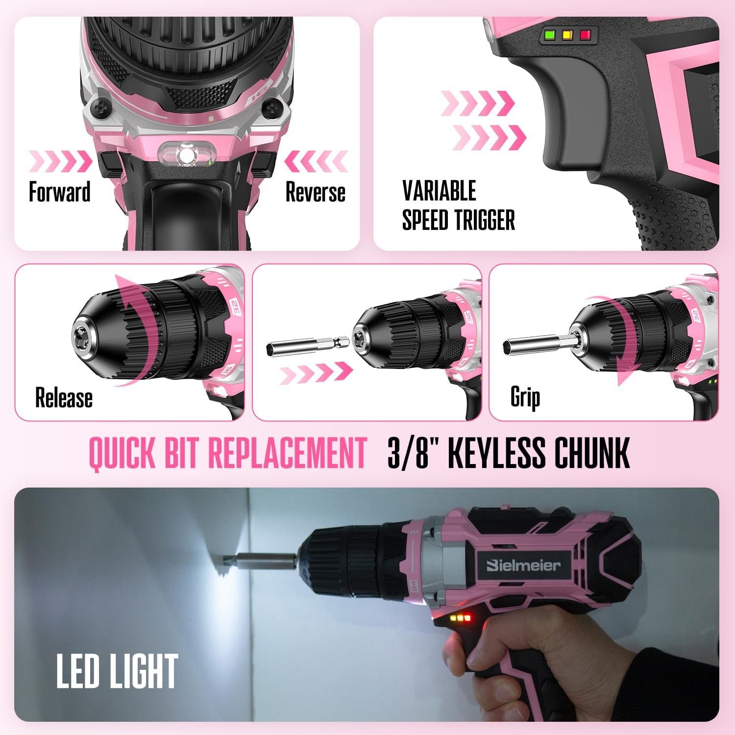 Bielmeier 20V 236Pcs Cordless Pink Drill Set for Women, Lady’s Essential Home Tool Kit with Pink Bag, Perfect DIY Electric Screwdriver Set for Home Repair & Gifts - Image 3