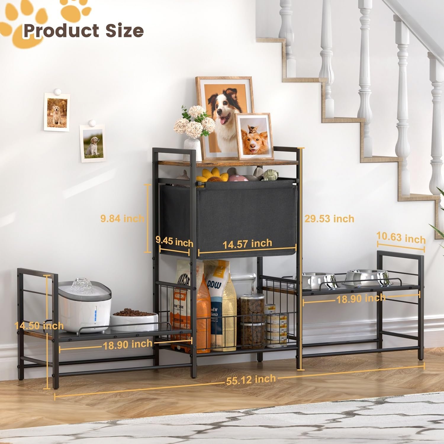 Elevated Dog Bowl Stand with 2 Feeding Stations, Adjustable Raised Feeding Station Cabinet with Toy Bin Basket, Lifted Food and Water Bowl Holder, Pet Storage Organizer for Large Medium Small Dogs - Image 7