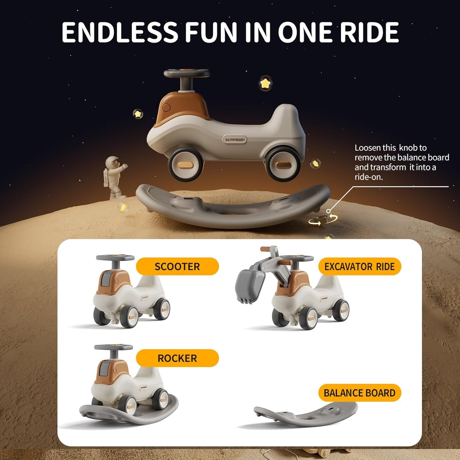 UNICOO® 4-in-1 Excavator Rocker n Ride, Ride-On Baby Balance Bike with Detachable Balance Board, Toddler Rocking Chair, Movable Arm, Ride On Toys for Toddlers 3-5, Indoor Outdoor (Gray & White) - Image 3