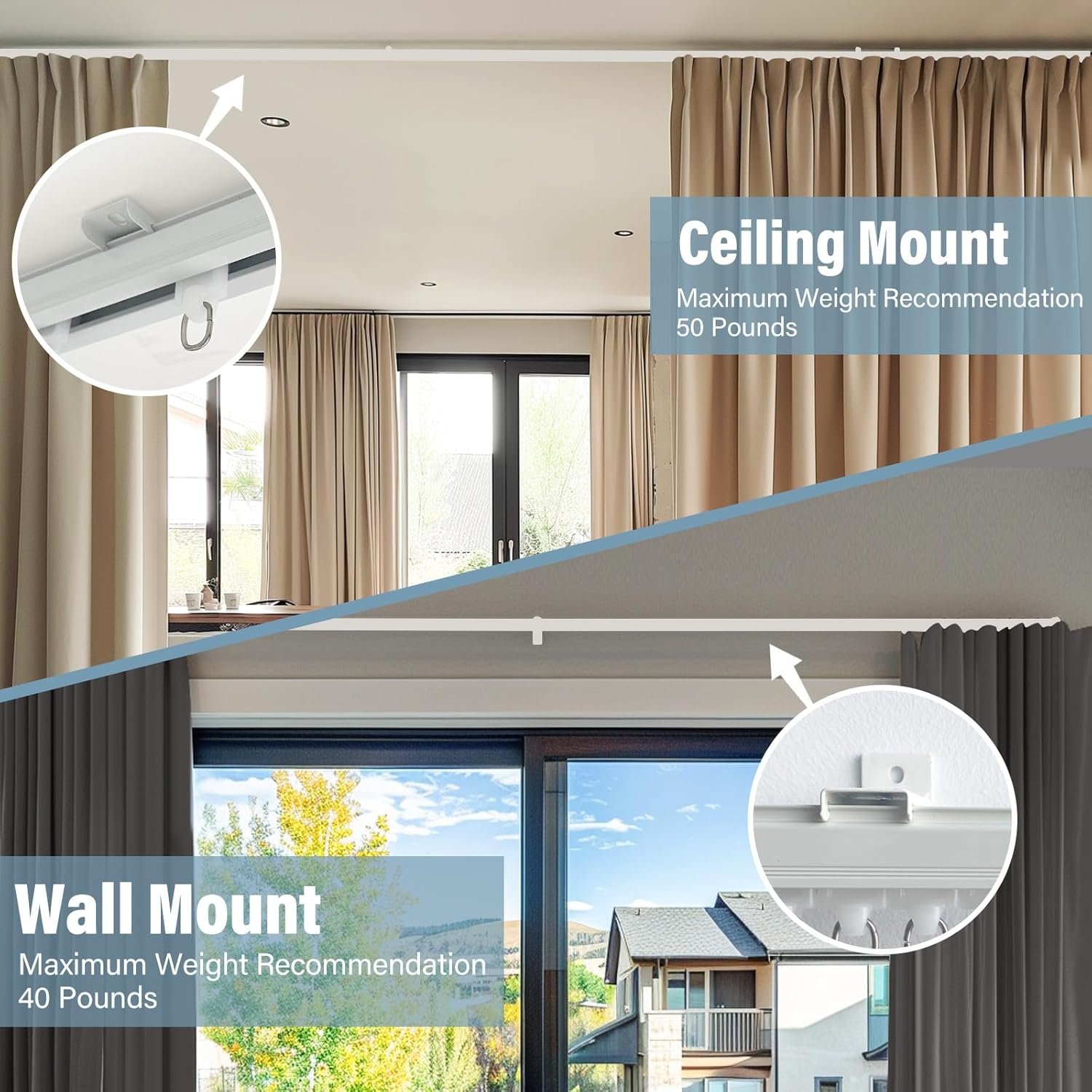 Curtain Track Ceiling Mount heavy duty sliding Curtains Tracks rails Rod System Room Divider with clips 6-9ft White - Image 3