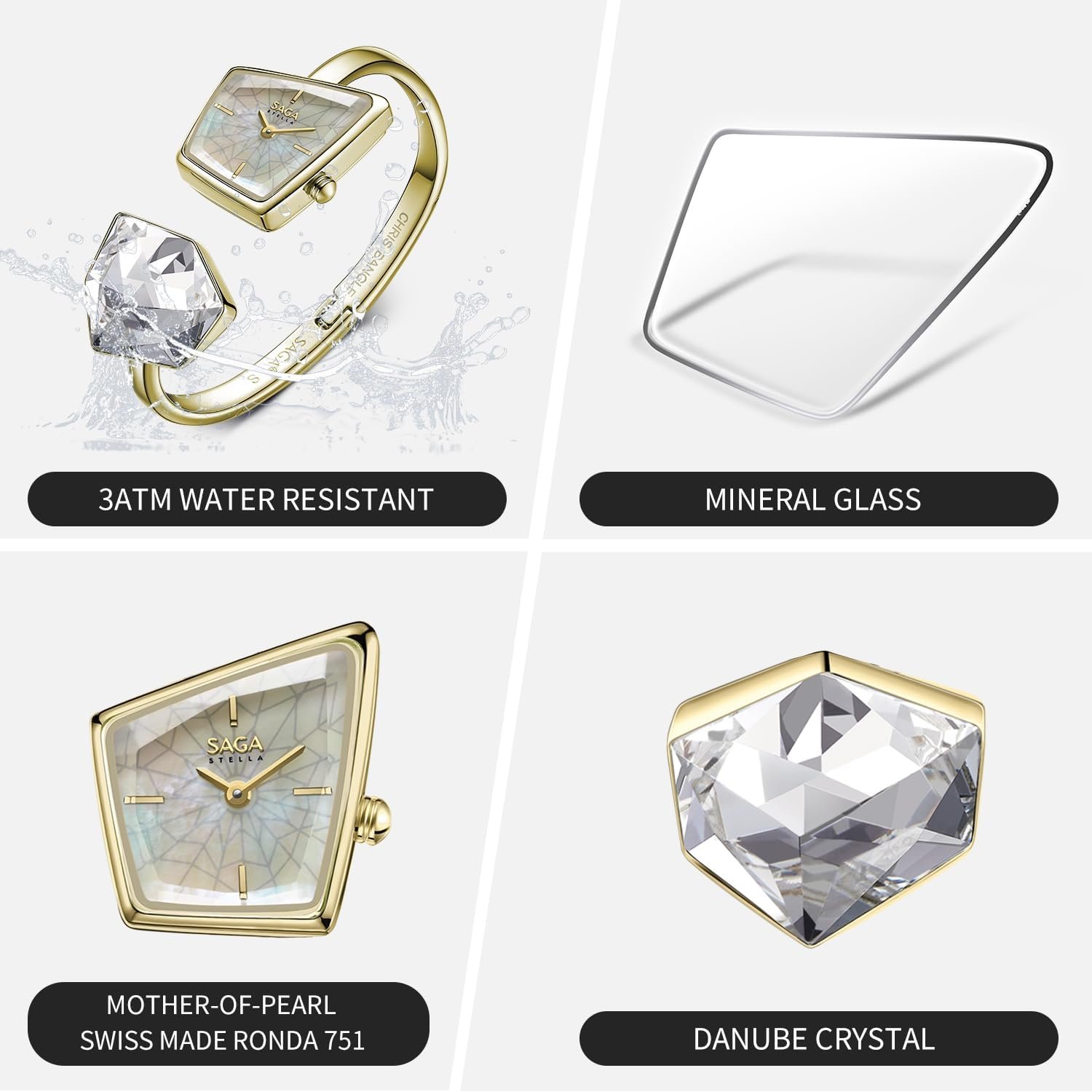 SAGA Illusion Women's Luxury Jewelry Bangle Watch, Mineral Case, 316L Stainless Steel Bracelet with Danube Crystals, Swiss Quartz Movement, 30M Water Resistant - Elegant Gift for Small Wrists - Image 3