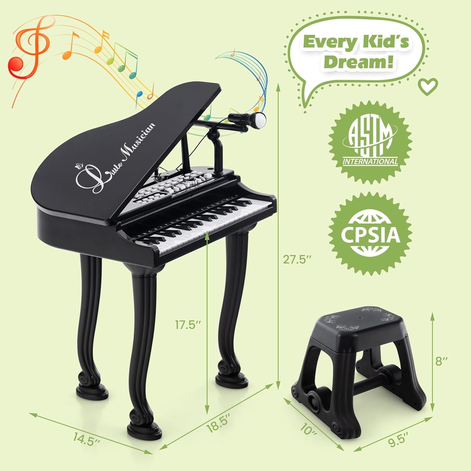 HONEY JOY Classical Kids Mini Grand Piano w/ Music Stand & Stool, Portable Electronic Piano Educational Musical Instrument Toy w/ Microphone, Lights, Gift for Kids (Black, 37 Keys) - Image 6