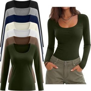 7 Pack Women’s Long Sleeve Shirts Scoop Neck Tops Slim Fit Undershirt Lady Tight Stretch Layer Basic Outfit