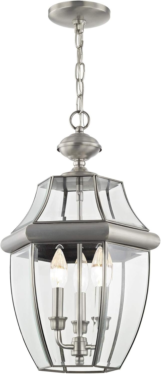 Livex Lighting 2355-91 Monterey 3 Light Outdoor Brushed Nickel Finish Solid Brass Hanging Lantern with Clear Beveled Glass - Image 2