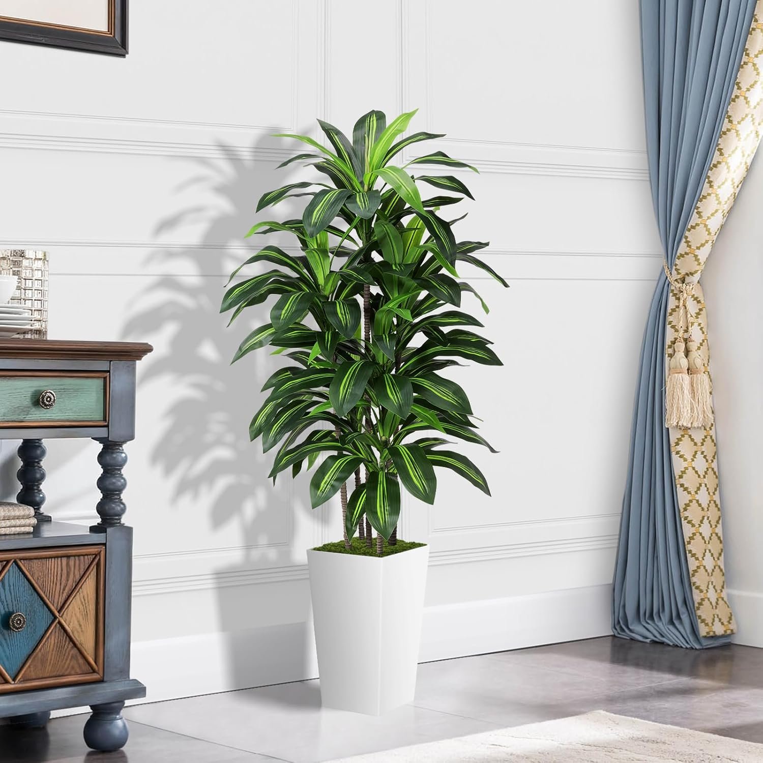Artificial Dracaena Plant Indoor 5FT - Fake Tree with White Tall Planter - Faux Yucca Tall Fake Floor Plant in Pot - Artificial Trees for Home Office Living Room Decor Indoor - Image 2
