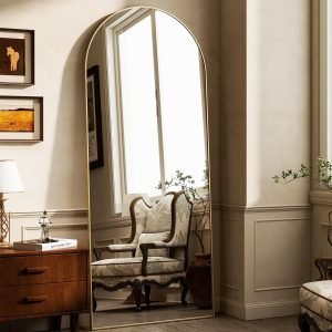 HARRITPURE 64″x21″ Arched Full Length Mirror Free Standing Leaning Hanging Mounted Mirror Aluminum Frame Modern Simple Home Decor for Living Room Bedroom Cloakroom, Gold
