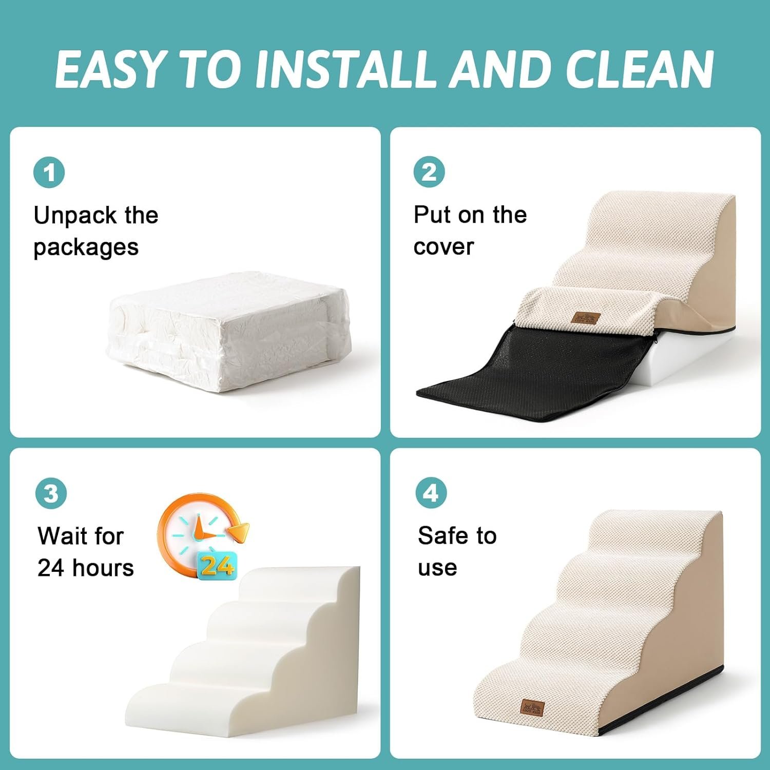 Dog Stairs for Small Dog 22.6" H, Curved Pet Step for Puppy, Older Cat, Medium Pet Ramp for High Bed, Ladder with High Density Foam, Durable, 5 Step, 15.7x33x22.6 inch, Beige - Image 7