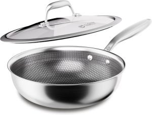COOKER KING 10-Inch Wok with Lid, Hybird Nonstick Wok Professional Grade, Stainless Steel ...