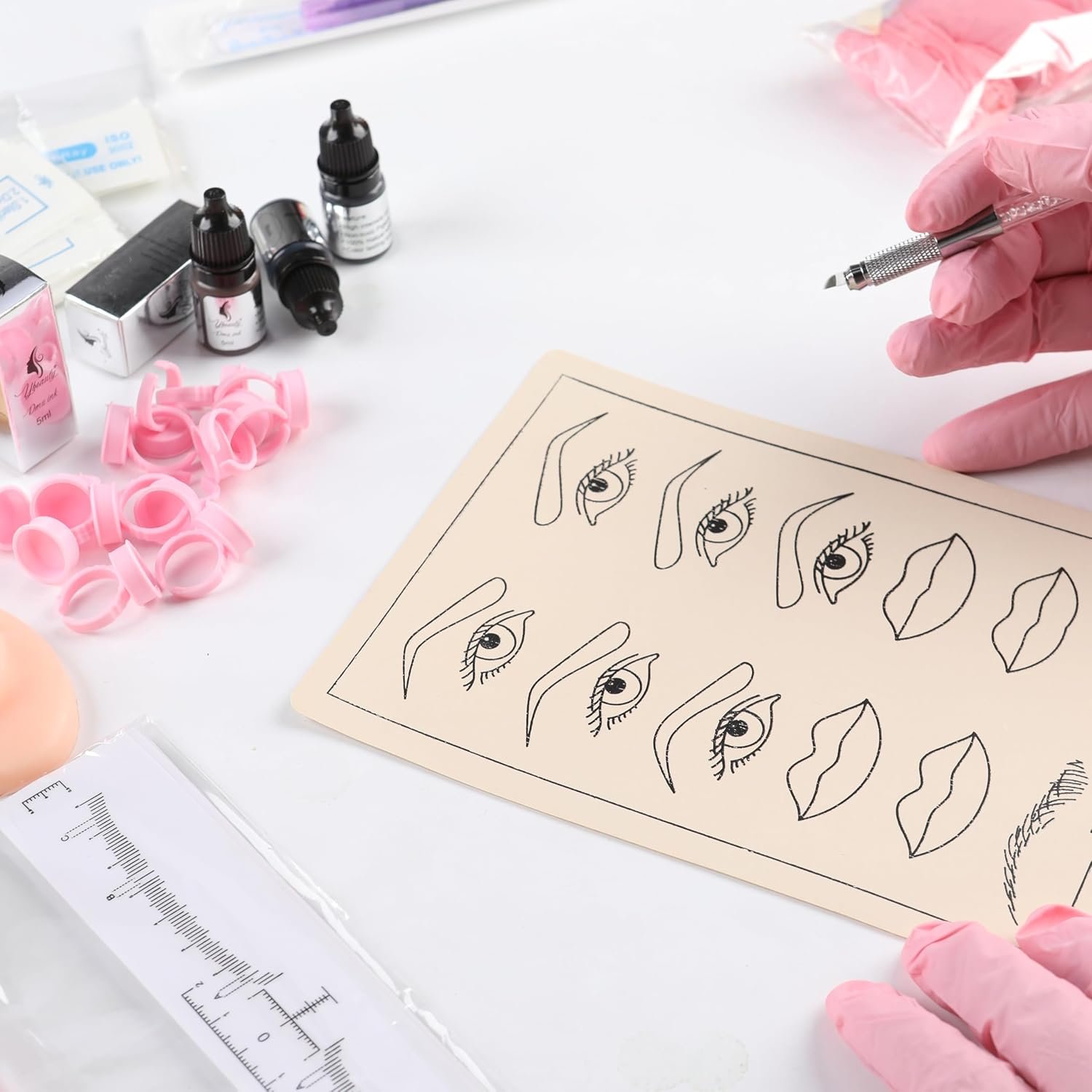 86PCS Complete Microblading Eyebrow Kit, Ybeauty Professional Eyebrow Mapping Kits, with 4PCS Makeup Ink, 8PCS Practice Skin, 30PCS Needles for Artists & Beginners Make Up Machine Supplies - Image 8