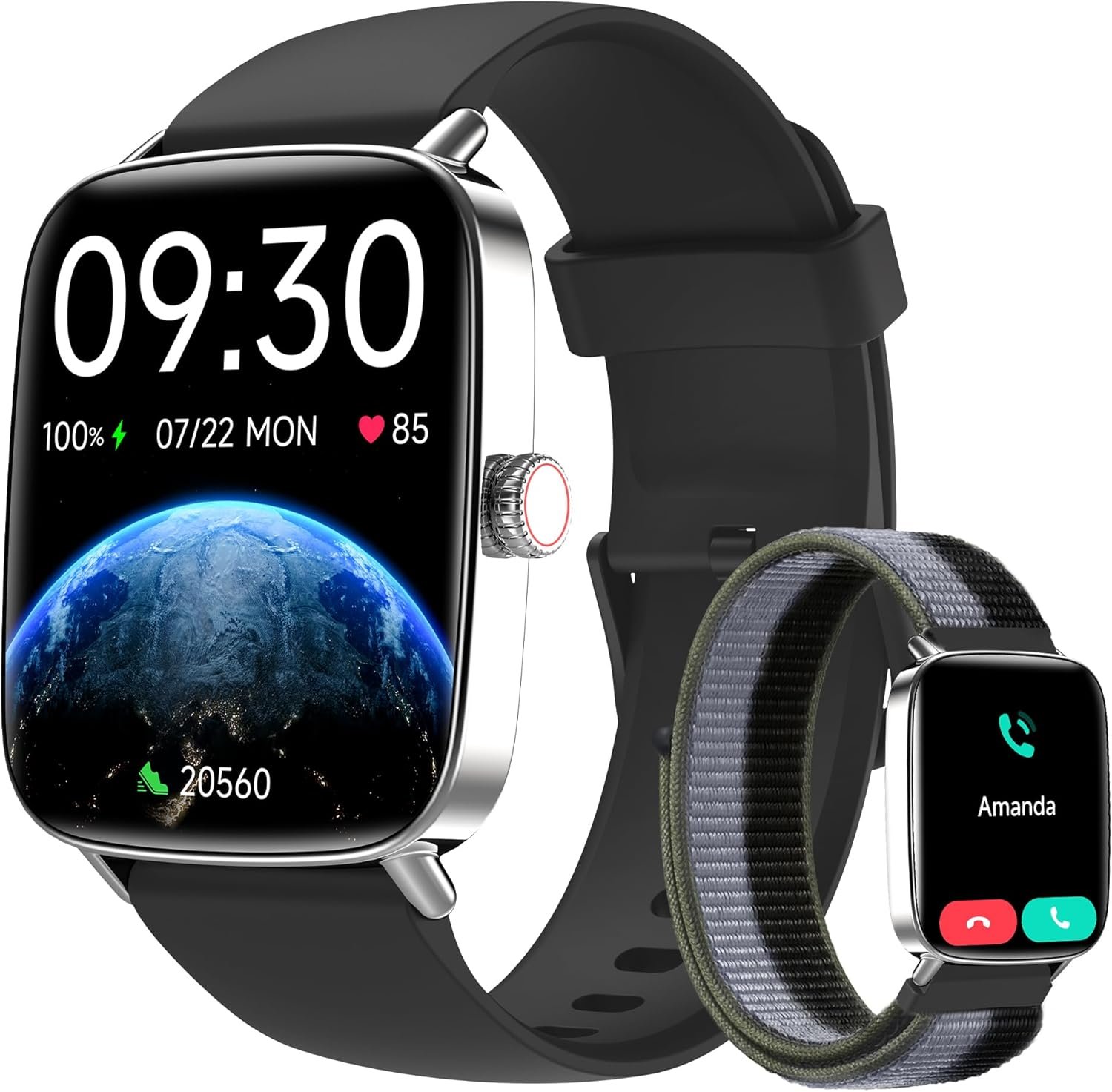 Smart Watch for Women Men, 1.85" HD Dynamic Dial Smartwatch for Android & iPhone with Answer/Make Call, Fitness Tracker with 110+ Sport Modes, Heart Rate/SpO2/Sleep Monitor, IP68 Waterproof (2 Bands)