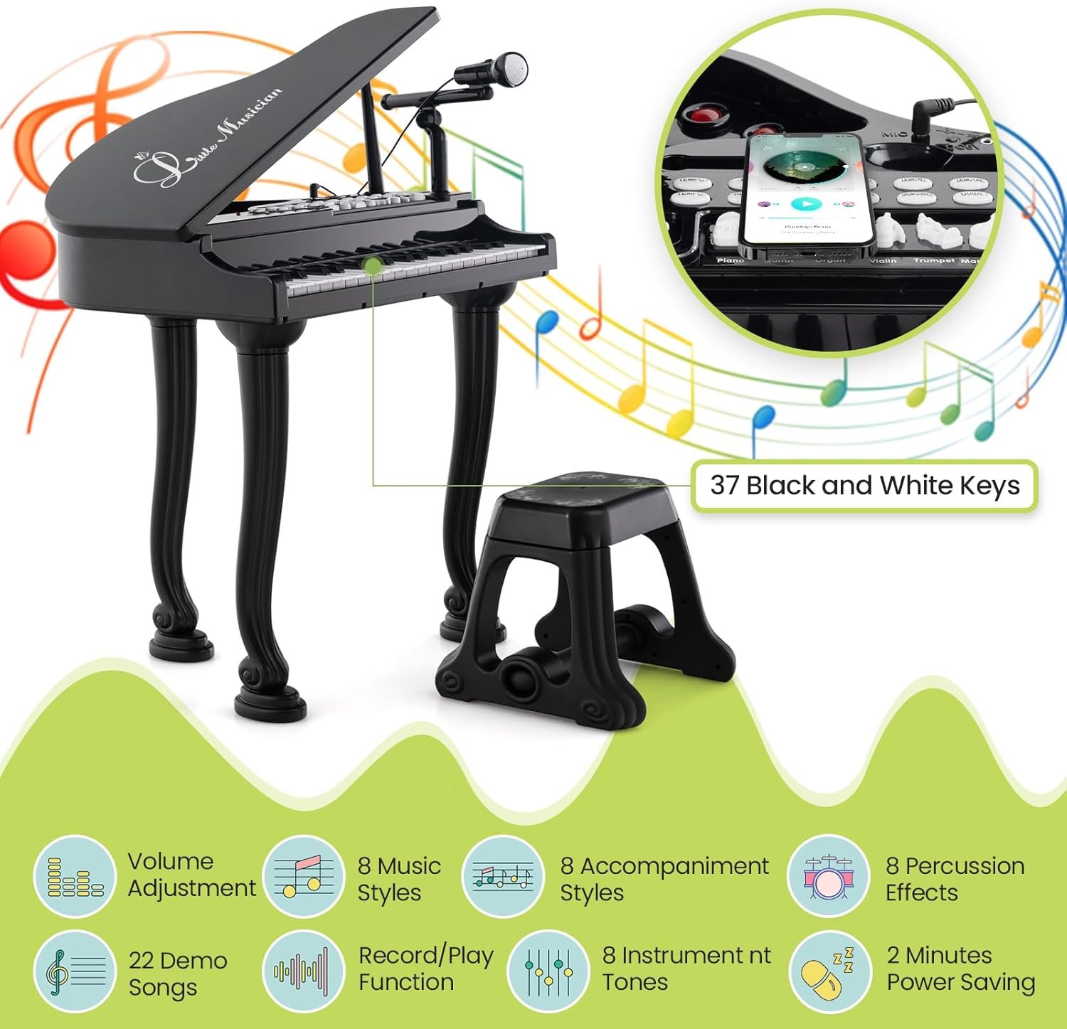 HONEY JOY Classical Kids Mini Grand Piano w/ Music Stand & Stool, Portable Electronic Piano Educational Musical Instrument Toy w/ Microphone, Lights, Gift for Kids (Black, 37 Keys) - Image 4