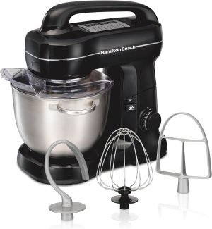 Hamilton Beach Electric Stand Mixer, 4 Quarts, Dough Hook, Flat Beater Attachments, Splash...
