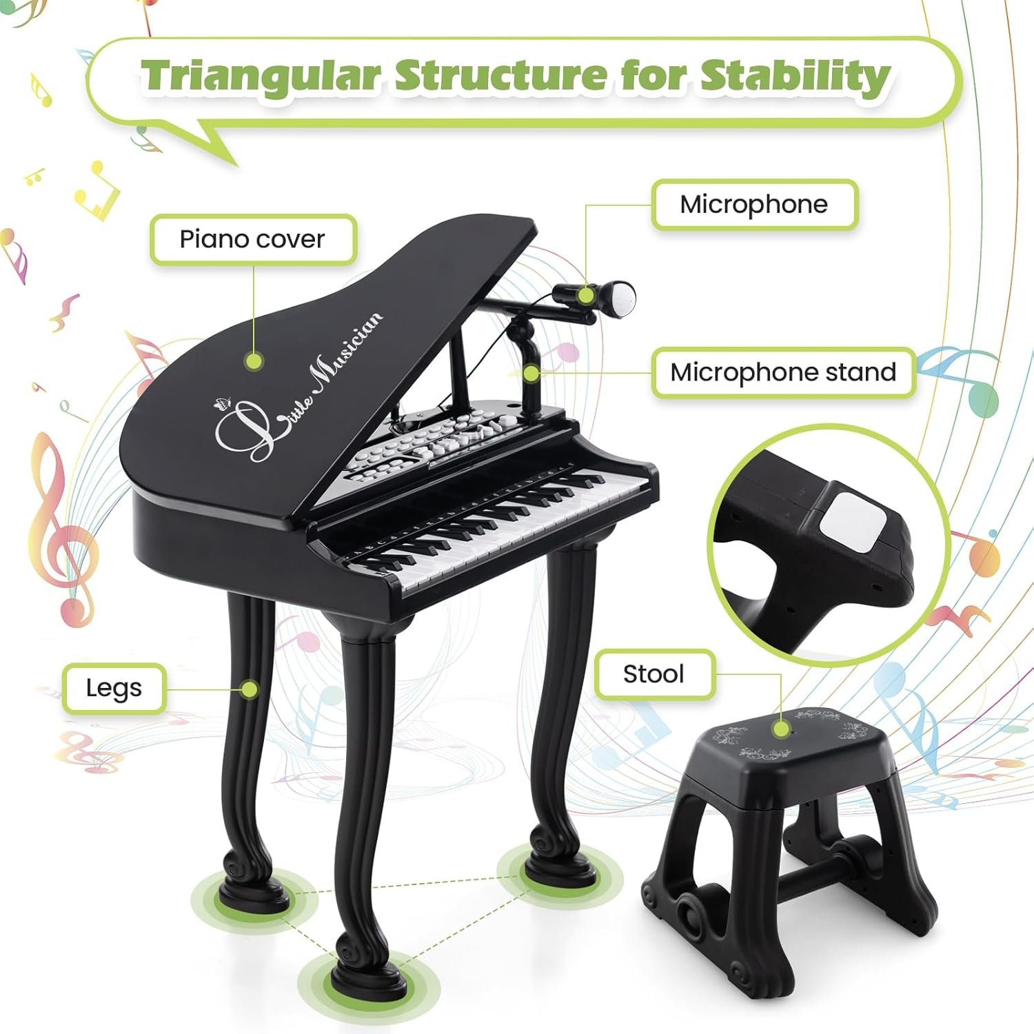 HONEY JOY Classical Kids Mini Grand Piano w/ Music Stand & Stool, Portable Electronic Piano Educational Musical Instrument Toy w/ Microphone, Lights, Gift for Kids (Black, 37 Keys) - Image 8