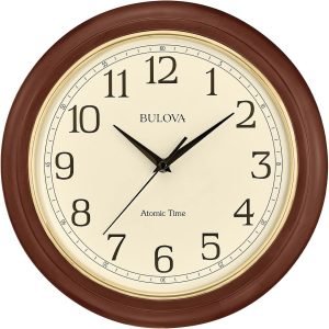 Bulova Atomic Time 2 Analog Wall Clock C5004 | 12.4″ Wooden Frame, Sets Time Automatically | Quartz Movement | Battery Operated | Classic Design