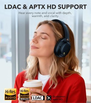1Mii E700 Wireless Bluetooth Over Ear Headphones with Active Noise Canceling, Hi-Res Audio LDAC/aptX Low Latency for Airplane Travel Overhead Comfort, 54H Playtime, Custom EQ via App – Blue