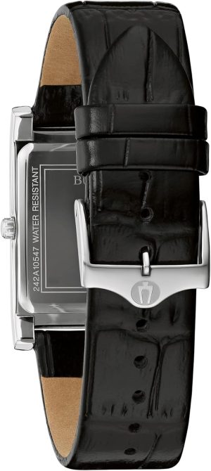 Bulova Men’s Stainless Steel 3-Hand Calendar Date Quartz Watch with Black Leather Strap, Rectangle Dial Style: 96B107
