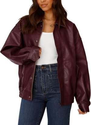 PRETTYGARDEN Women’s Faux Leather Motorcycle Jacket Trendy Fall Spring Clothes Overs...