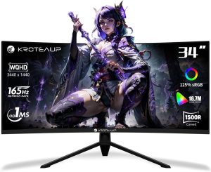 34 Inch Curved Gaming Monitor 4K, (3440×1440) 165Hz Ultrawide Computer Monitor, AMD FreeSync, 1500R, HDR, 125% sRGB, DCI-P3 92%, HDMI/DP and Built-in Speaker, VESA 100 x 100mm