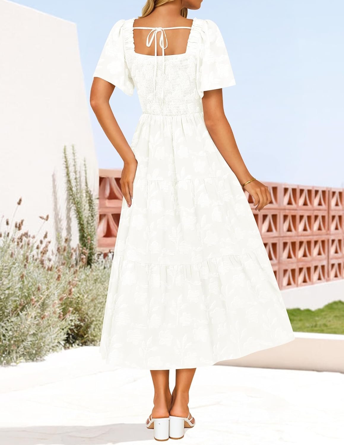 ZESICA Women‘s Summer Boho Floral Midi Dress 2025 Casual Short Sleeve Square Neck Flowy Beach Vacation Long Dress - Image 3