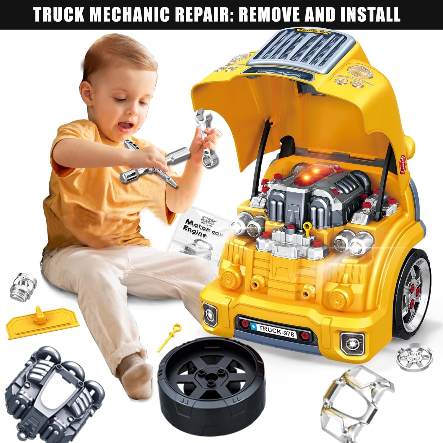 MUGEYMYD Large Truck Engine Toy for Kids 3-5, Take Apart Motor Vehicle Pretend Play Car with Light and Sound, Kids Mechanic Workshop Set, Toy Engine Building Kit for Toddlers. - Image 2