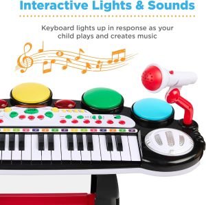 Best Choice Products 37-Key Kids Electronic Musical Instrument Piano Learning Toy Keyboard w/ Multiple Sounds, Lights, Microphone, Stool – Black