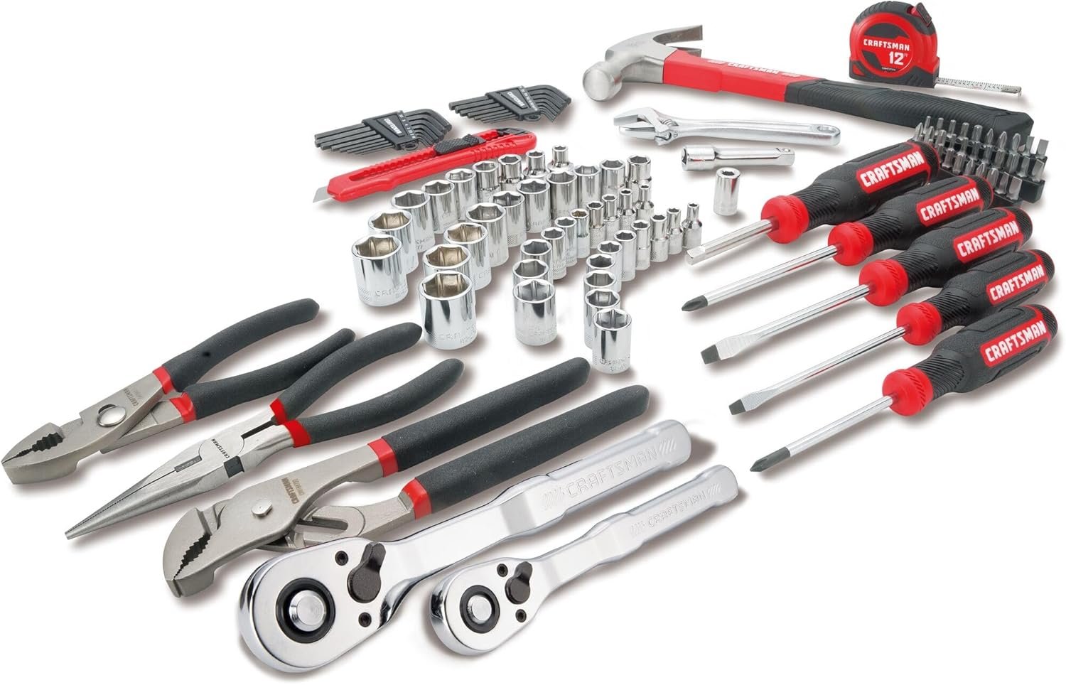 CRAFTSMAN 102-Piece Tool Kit for Home and Car, Durable Hand Tools Set with SAE and Metric Socket Set, Screwdrivers, Wrench, Hammer, Pliers, Knife, Hex Keys, Specialty Bits, Tape Measure (CMMT99449) - Image 4