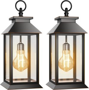 2 Pack Hanging Solar Lanterns Glass Solar Lights Outdoor Waterproof Upgraded Solar and 2 AA Batteries Powered, for Outside Porch, Patio and Indoor Tables, Mantelpiece
