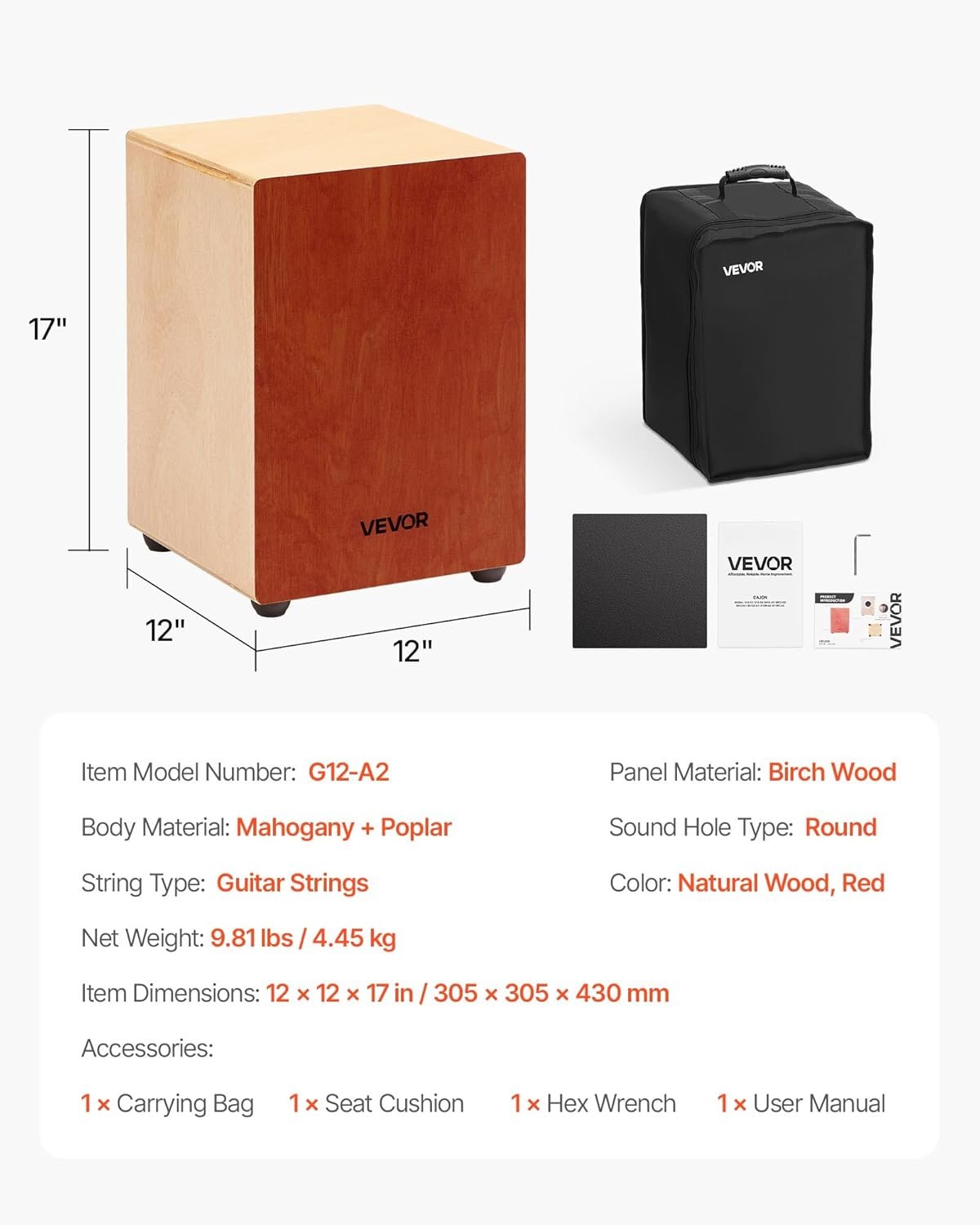 VEVOR Cajon Box Drum, with Internal Guitar Strings, Lightweight Wooden Percussion Box, Portable Birch Wood Drum Musical Instrument with Travel Bag, for Beginners and Professionals, 12 x 12 x 17 in - Image 7