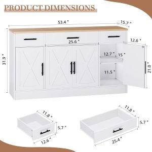 Shintenchi 53.4″ Sideboard Buffet Cabinet with Storage, Large Kitchen Buffet Storage Cabinet with 3 Drawers and 4 Doors, Wood Farmhouse Sideboard with Adjustable Shelf for Kitchen, Dining Room, White