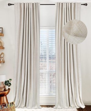 100% Blackout Shield Linen Blackout Curtains for Bedroom 108 Inches Long, Back Tab/Rod Pocket Living Room Drapes, Thermal Insulated Blackout Curtains 2 Panels Set, 50″ W x 108″ L,Cream