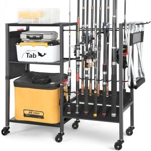 Olakee Fishing Rod Holder, Fishing Pole Holders for Garage Boat Home Entryway Fishing Gear Storage with Tackle Cart Ideal Gift for Men Dad Anglers Corner Design for Rods and Equipment Organizers