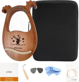 Miwayer Lyre Harp Kit 16 Strings Musical Instrument Mahogany Body Reindeer Totem Professional Harp Instrument with Accessories and Case (Wood)