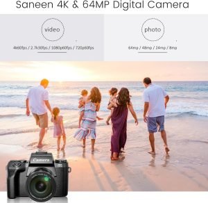 Saneen Digital Camera, 4k Cameras for Photography & Video, 64MP WiFi Touch Screen Vlogging Camera for YouTube with Flash, 32GB Card, Lens Hood, 3000mAH Battery, Front and Rear Cameras – Black