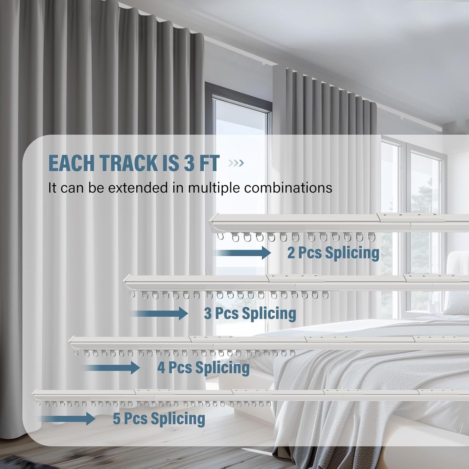 Curtain Track Ceiling Mount heavy duty sliding Curtains Tracks rails Rod System Room Divider with clips 6-9ft White - Image 5