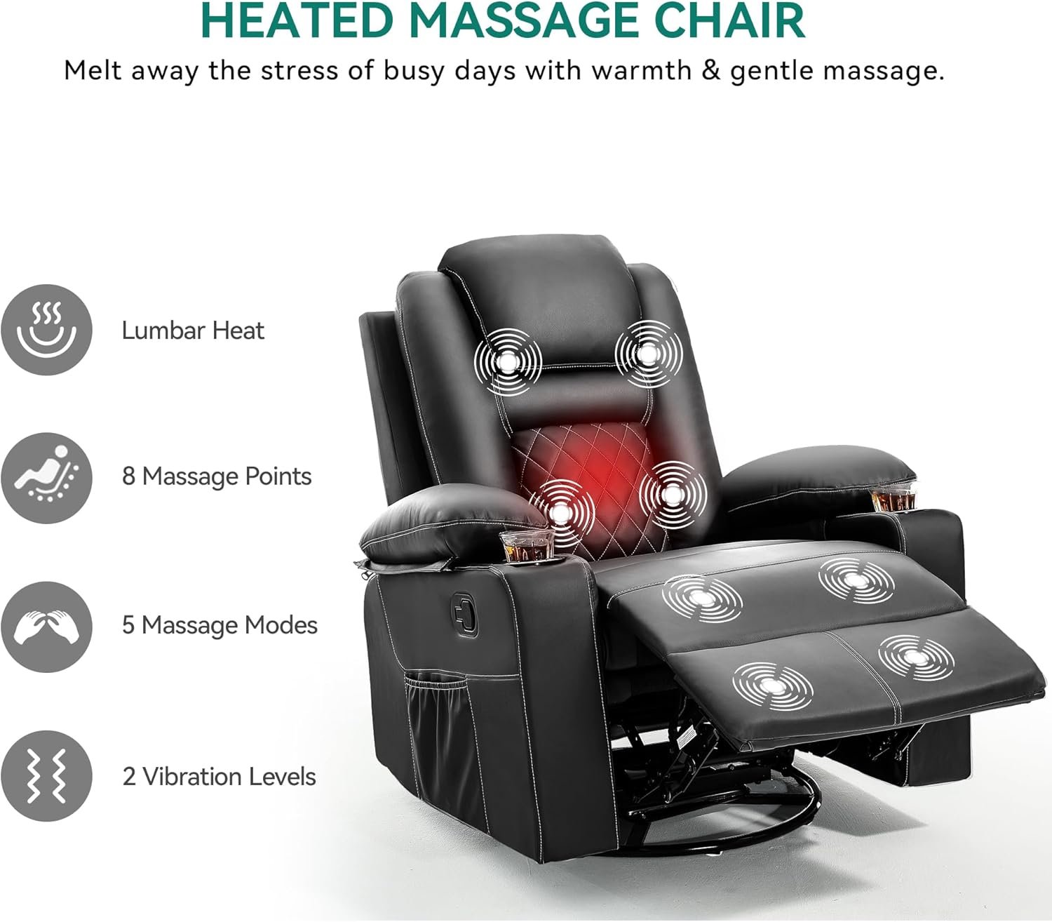 YITAHOME Recliner Chair,PU Rocking Chair for Adults,Swivel Recliner with Cup Holders,Heat and Massage,Single Sofa Seat with Side Pockets for Living Room/Bedroom,Black - Image 3